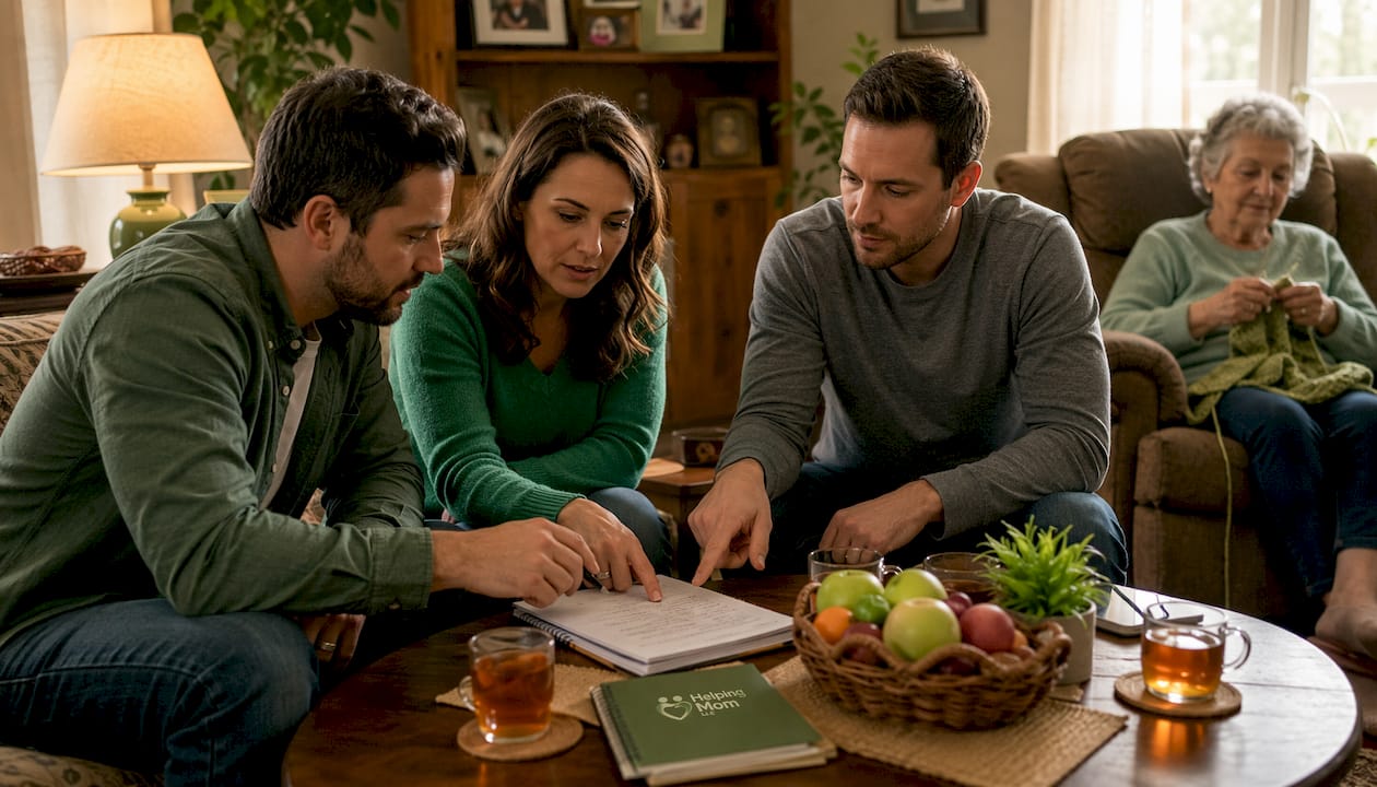 Siblings coordinating parent's care plan at kitchen table