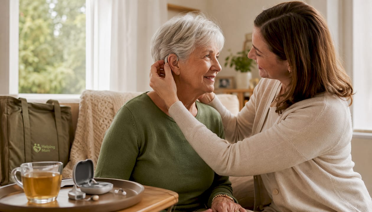 Daughter assisting elderly woman with hearing aid