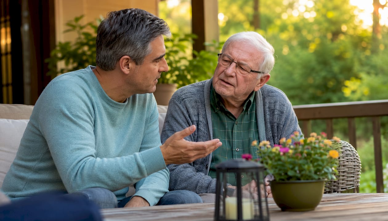 Caregiver observing elderly father's hearing difficulty