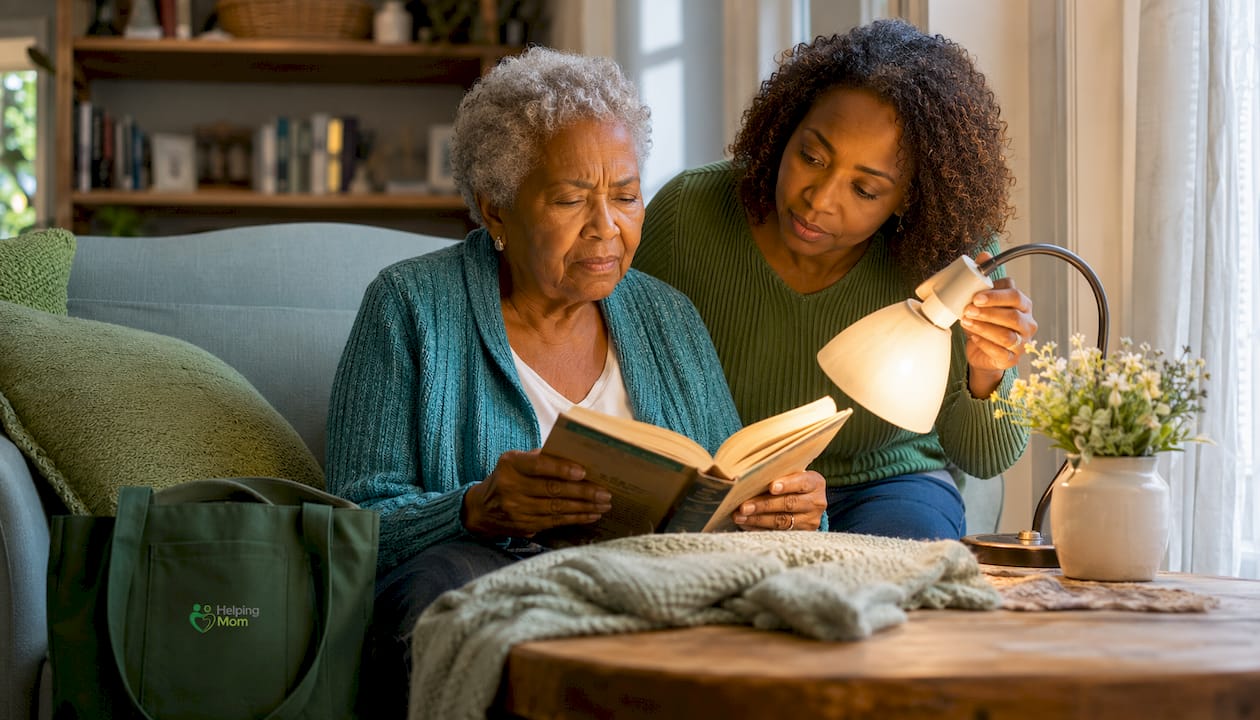 Adult daughter assisting elderly mother with reading glasses