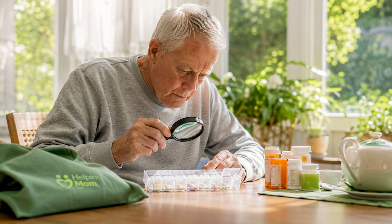 Older man using magnifier for medication safety at home