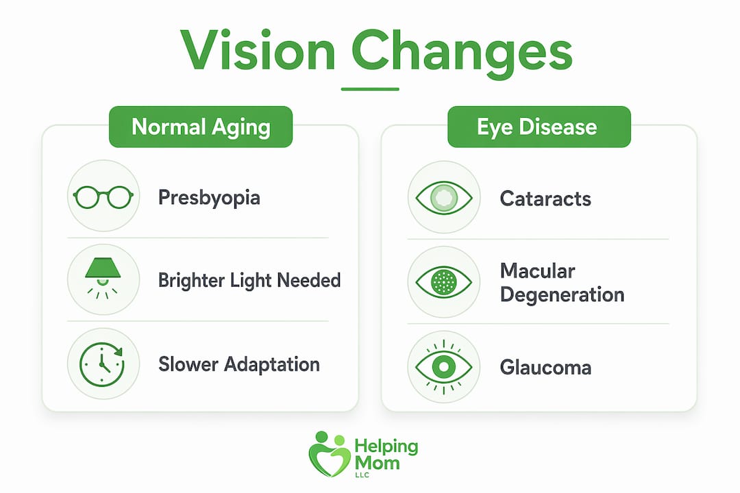Infographic comparing normal aging vision changes and eye diseases