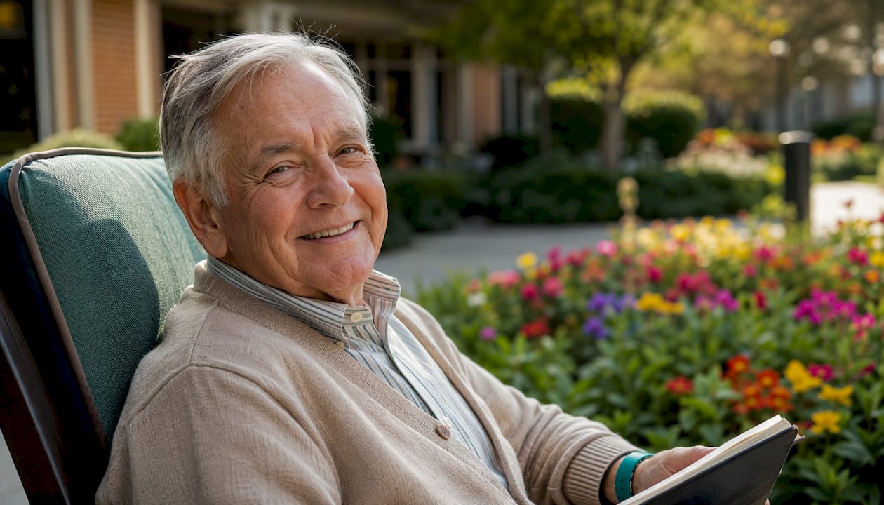 Senior man on balcony at living community