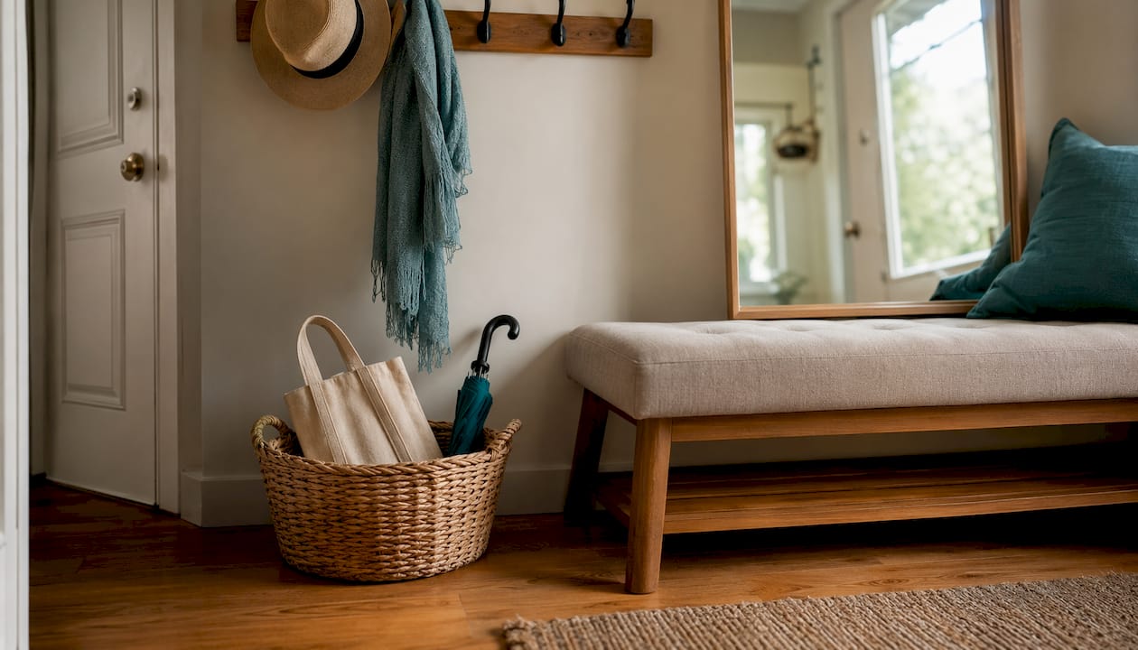 Organized home entryway with keys and lamp timer