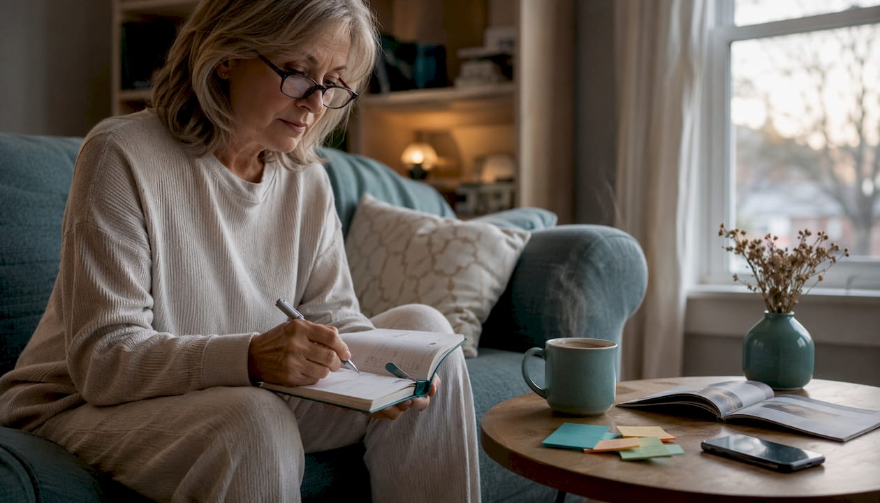 Senior woman planning daily routine at kitchen table