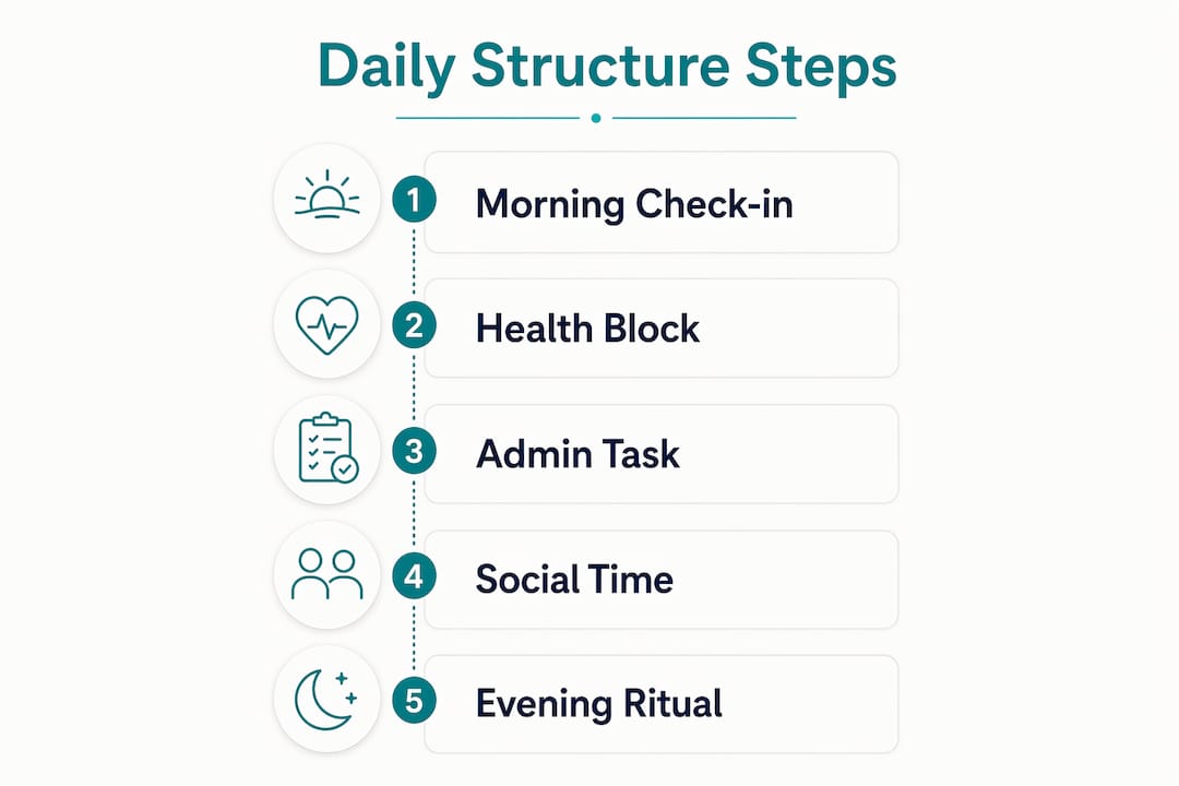 Infographic outlining five daily habit steps for solo aging
