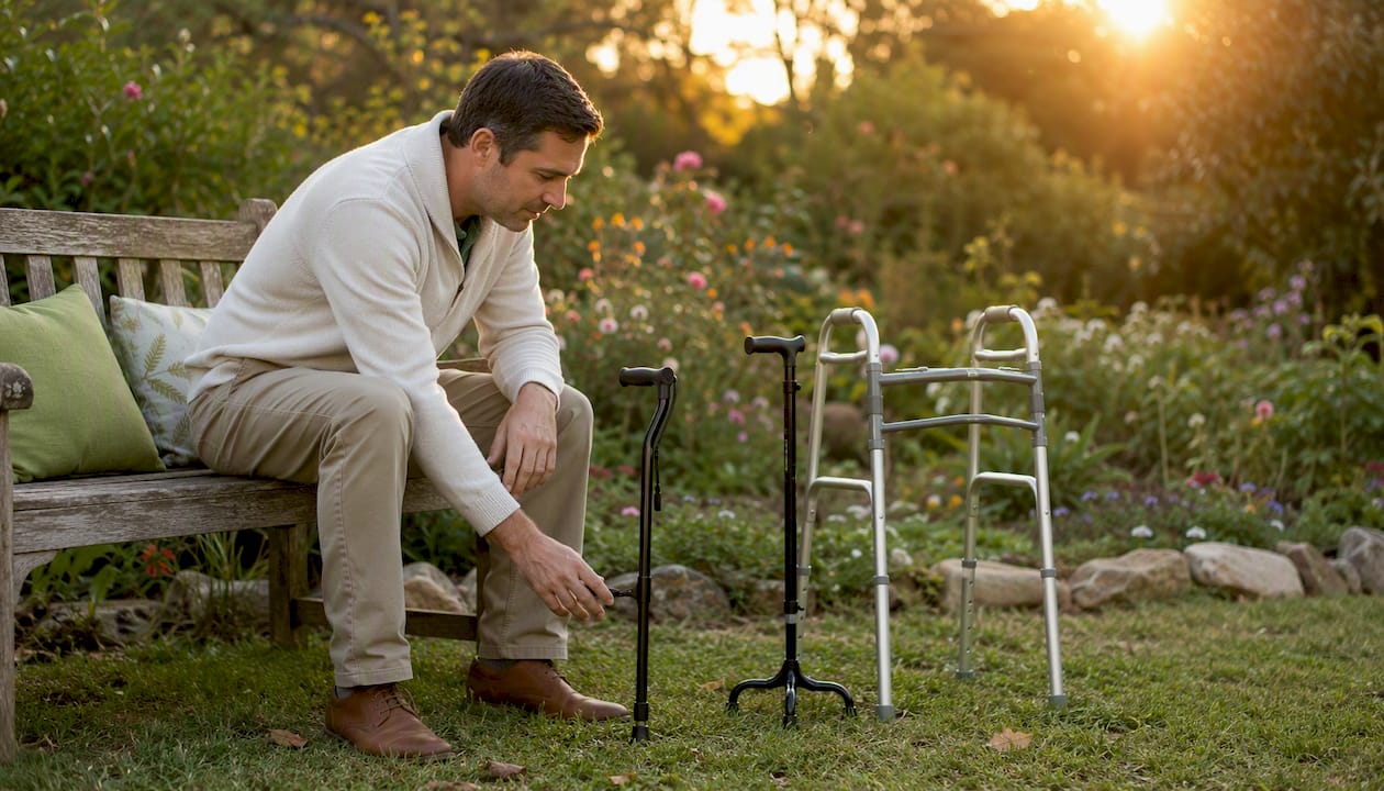 Adult son comparing various cane types at home