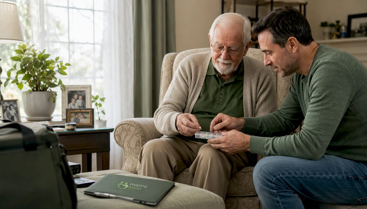 Hands organizing medications together at home