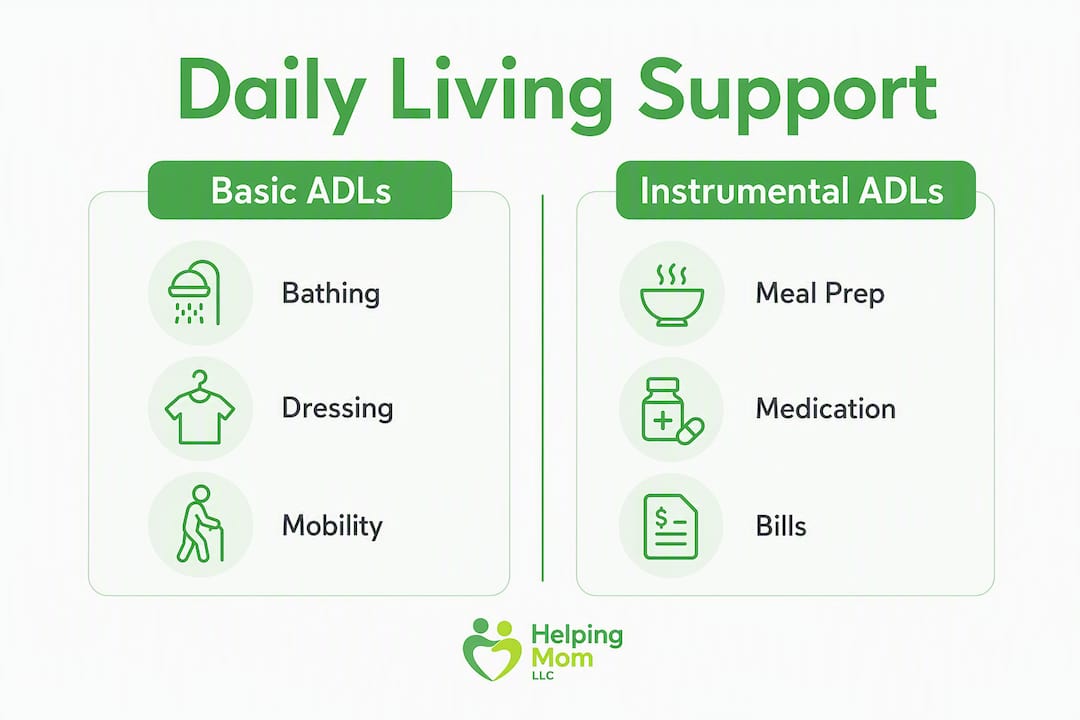 Infographic comparing basic and instrumental daily living activities