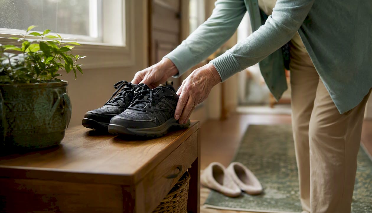 Senior arranging safe walking shoes at home