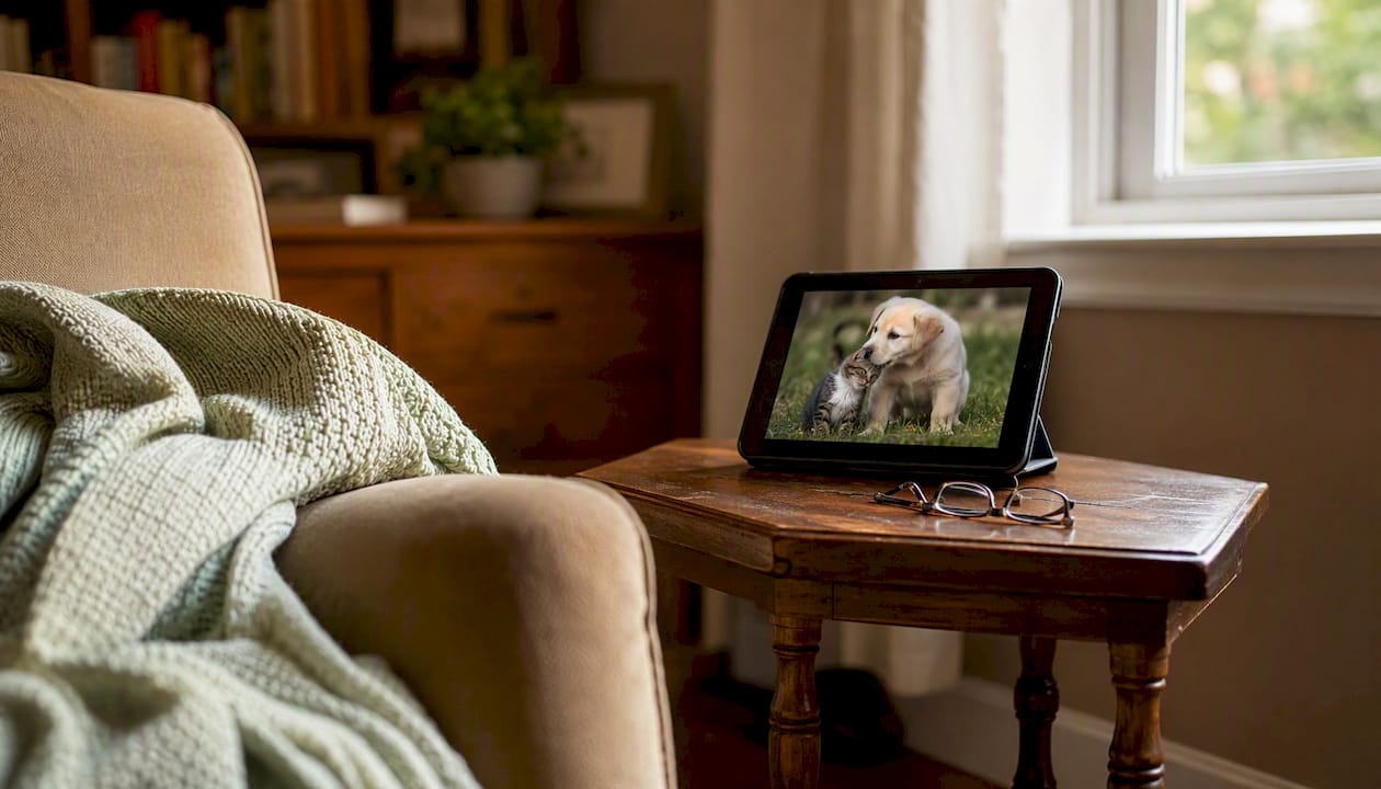 Living room corner with tablet and blanket