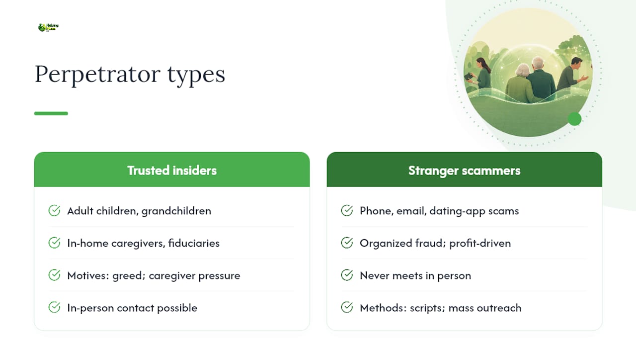 Diagram showing types and motives of financial abuse perpetrators