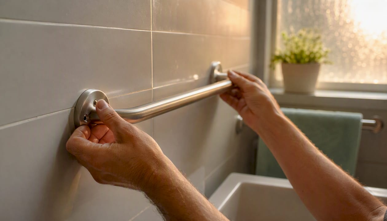 Hands installing grab bar in senior bathroom