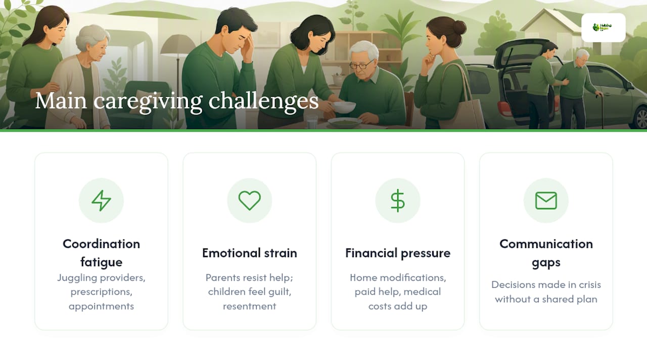 Diagram of caregiving challenges and impacts