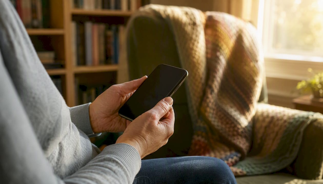 Hands holding smartphone in living room