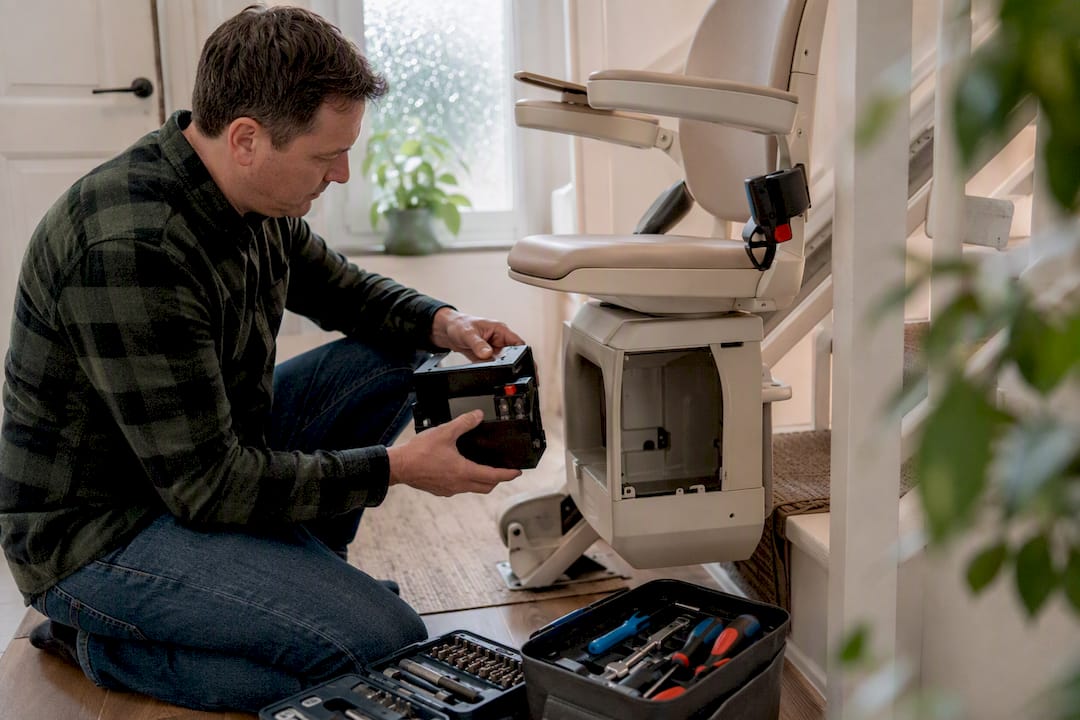Hands replacing stair lift battery pack