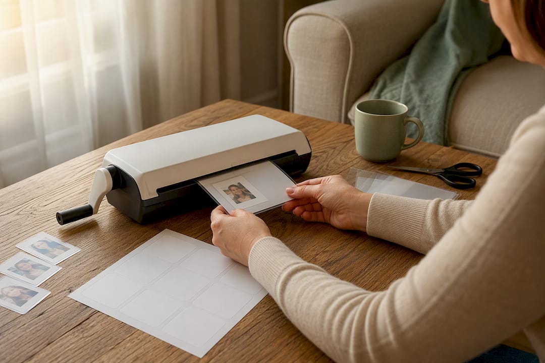 Hands laminating photo labels at home