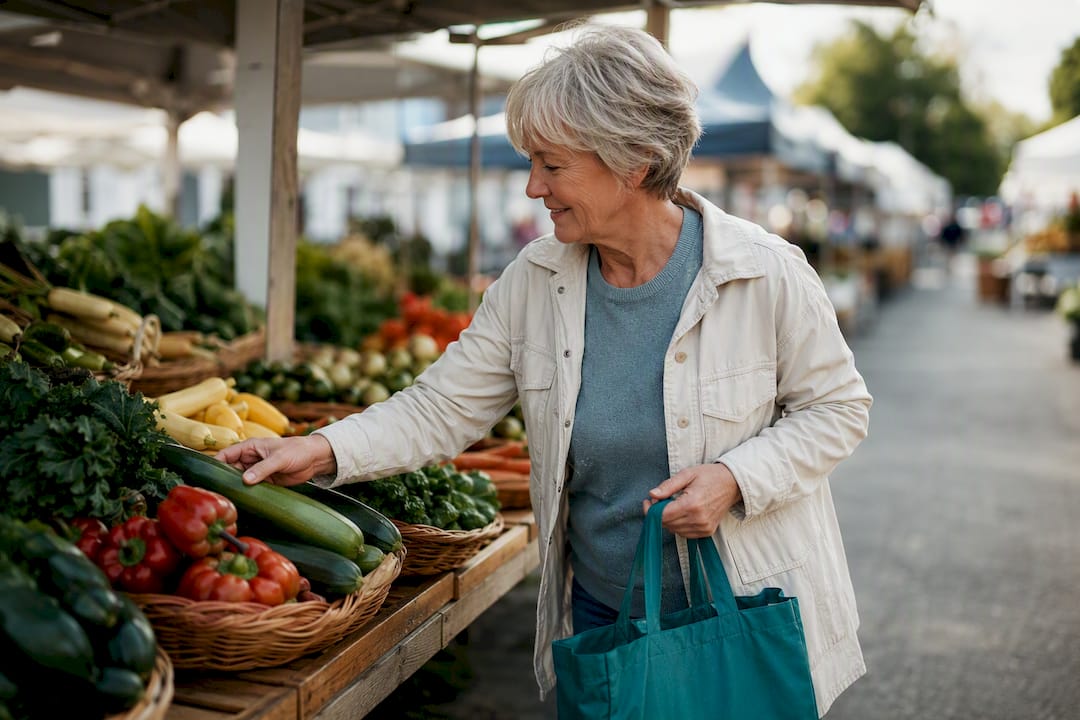 Solo ager choosing produce at farmers market
