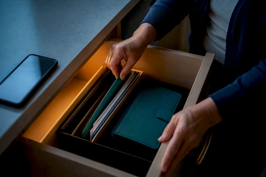 Caregiver searching organized drawer for insurance card