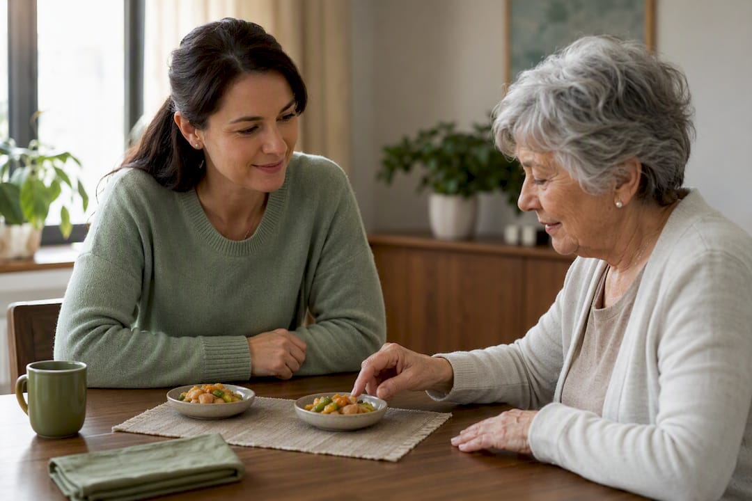 Older parent choosing between two small meals