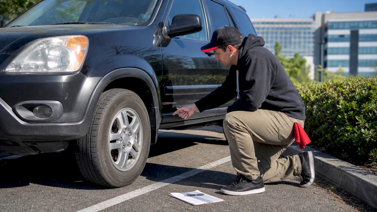Person inspecting used SUV with checklist outdoors