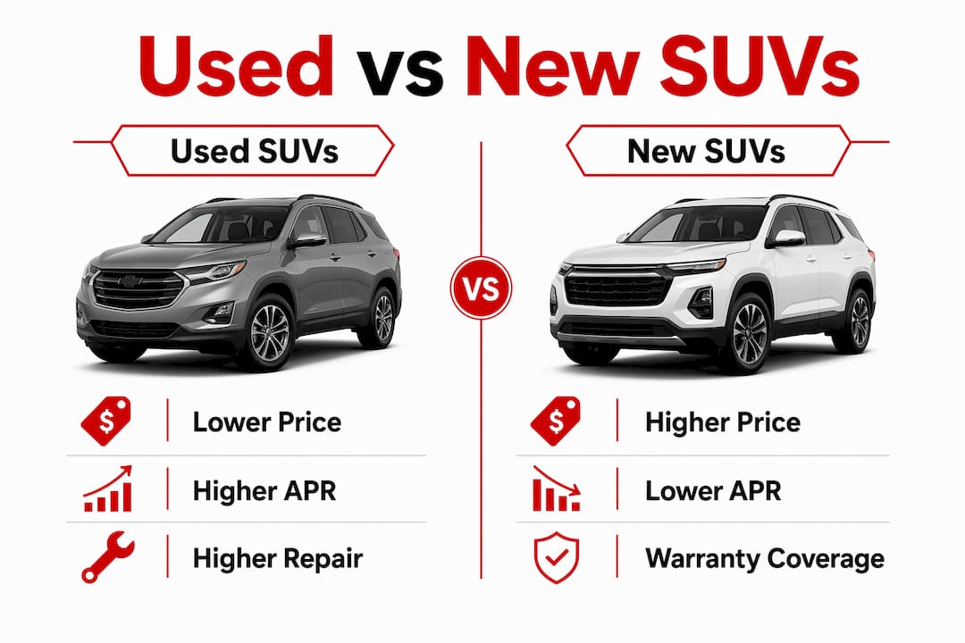 Infographic comparing used and new SUV costs and reliability