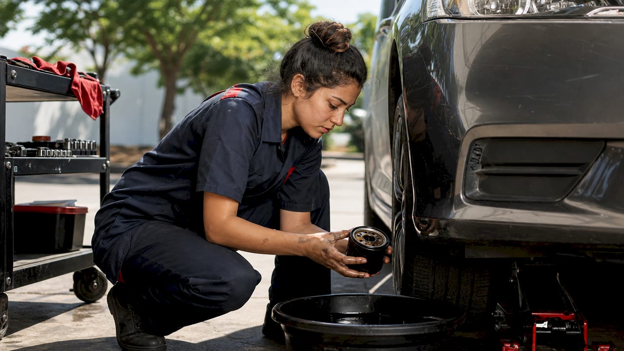 Technician changing oil in dealership service bay