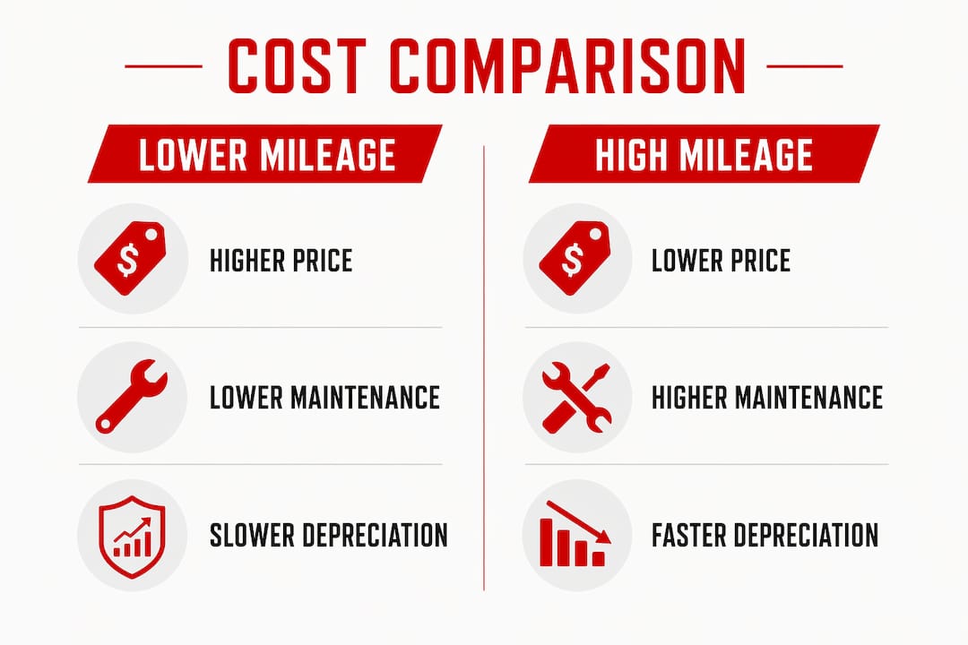 Infographic comparing costs of lower vs high mileage cars