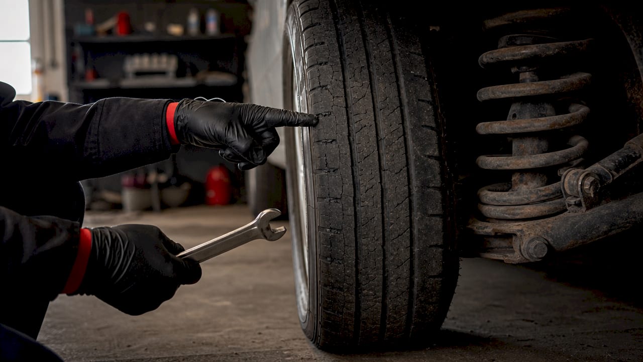 Close-up of worn tire and suspension parts