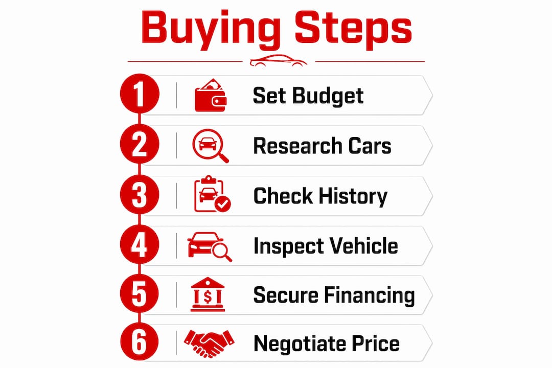 Infographic showing step-by-step used car buying process