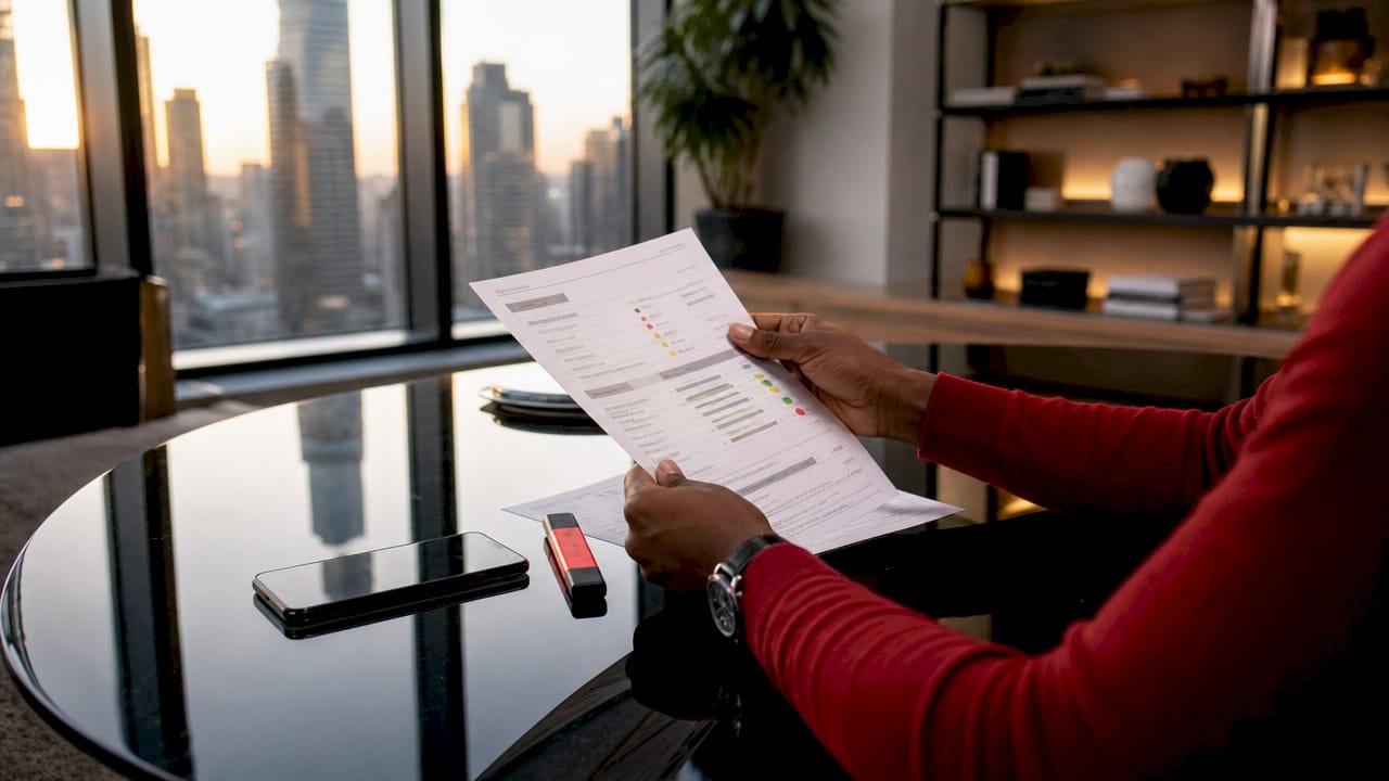 Hands holding credit report on home office desk