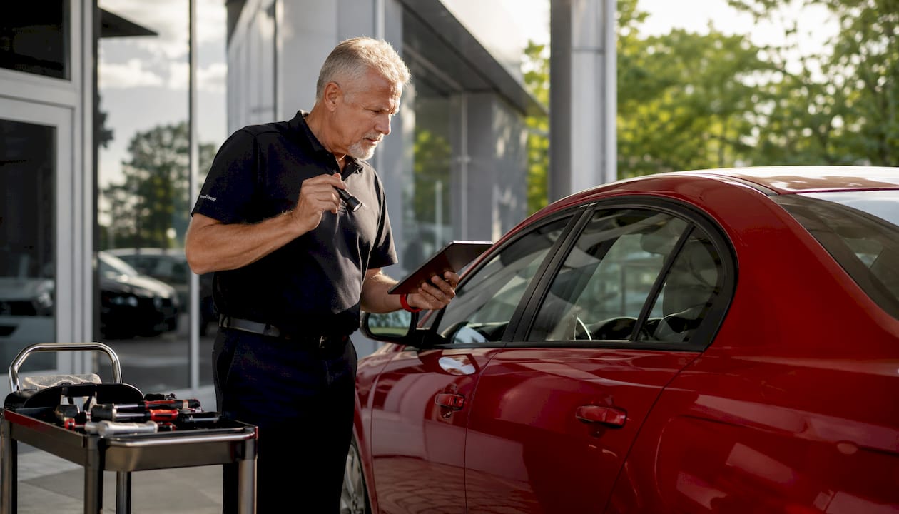 Dealer appraiser inspecting car exterior in garage