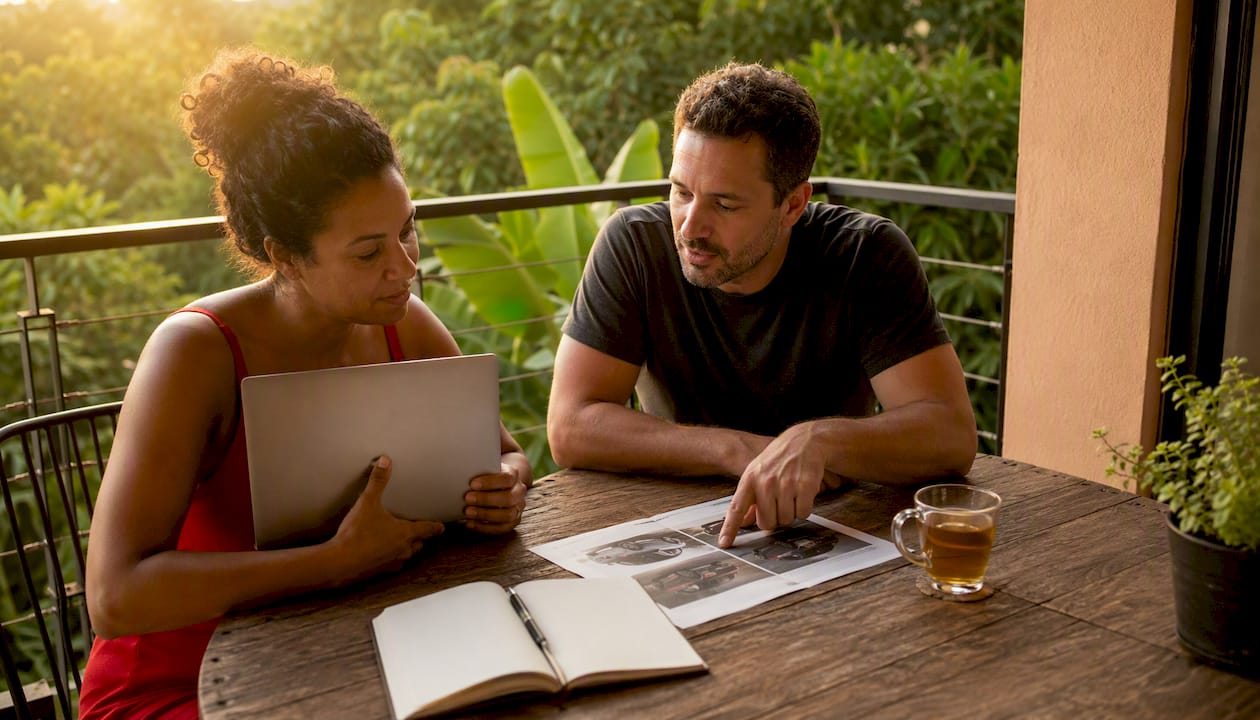 Couple discussing filtered dealership reviews on devices