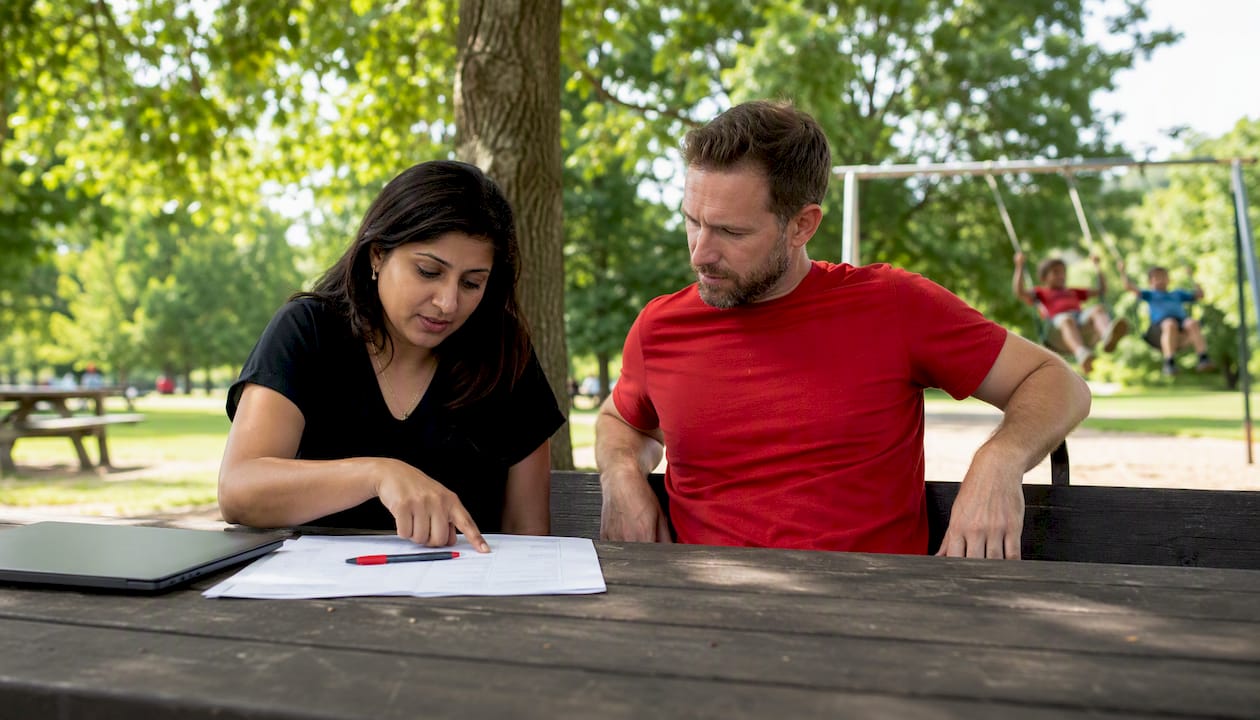 Couple discussing car purchase budget at cafe
