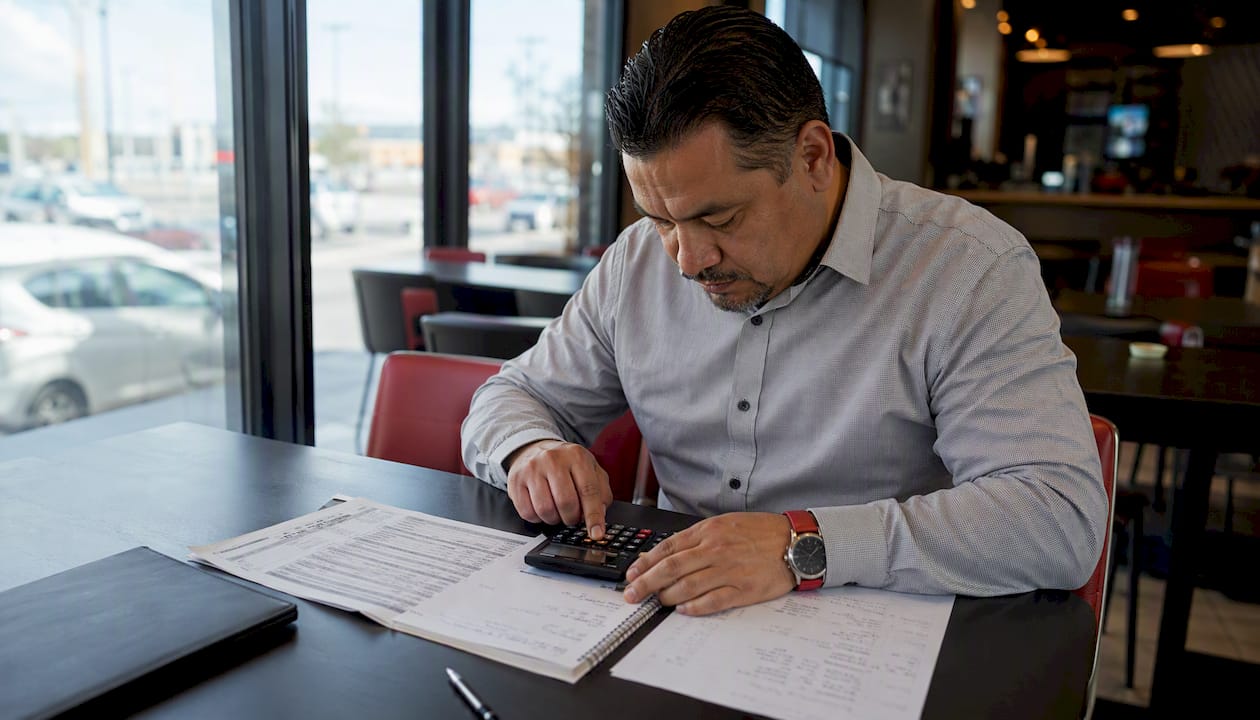 Hands calculating car loan principal with calculator