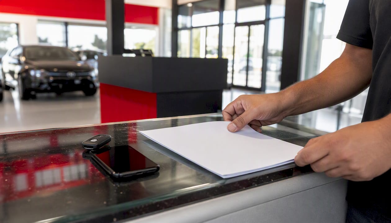Hands presenting trade-in appraisal at dealership counter