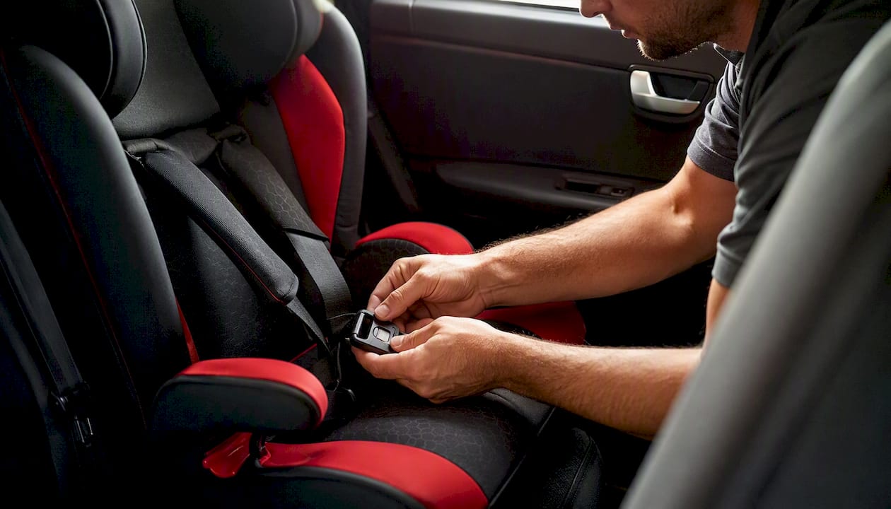 Hands adjusting car seat harness strap