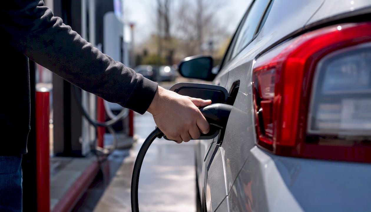 Hands unplugging hybrid SUV charging port