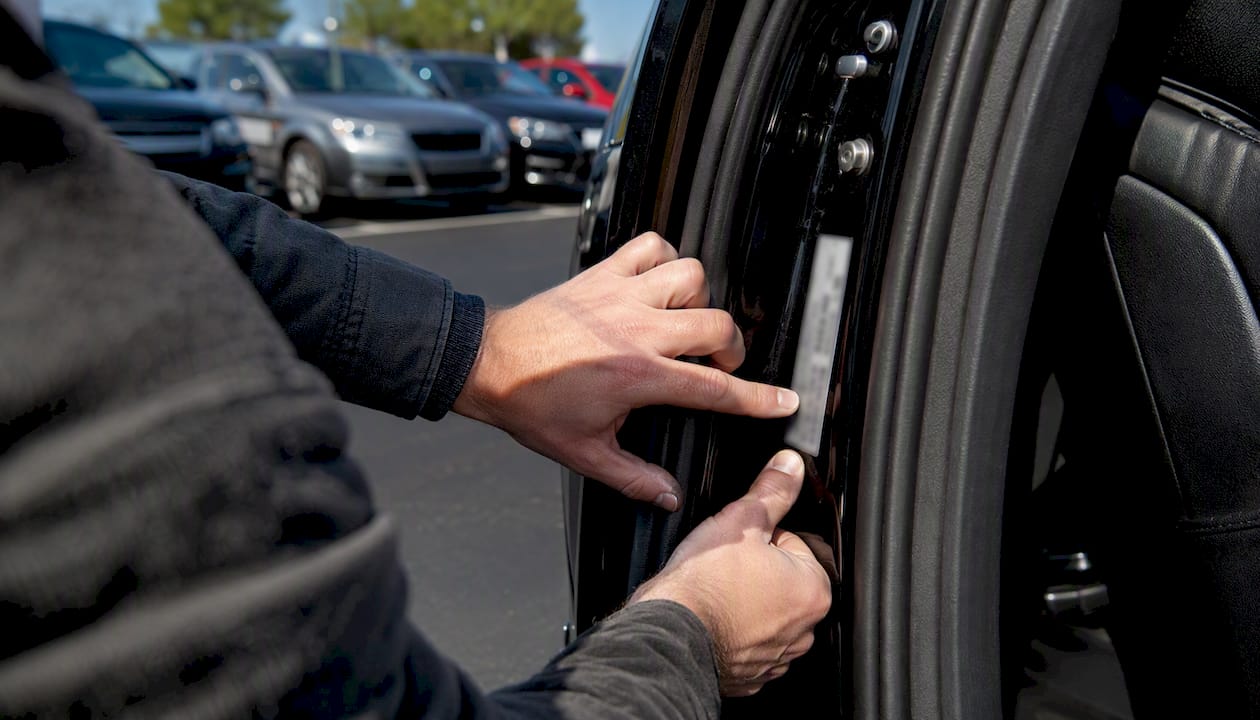 Hands inspecting VIN sticker on car doorjamb
