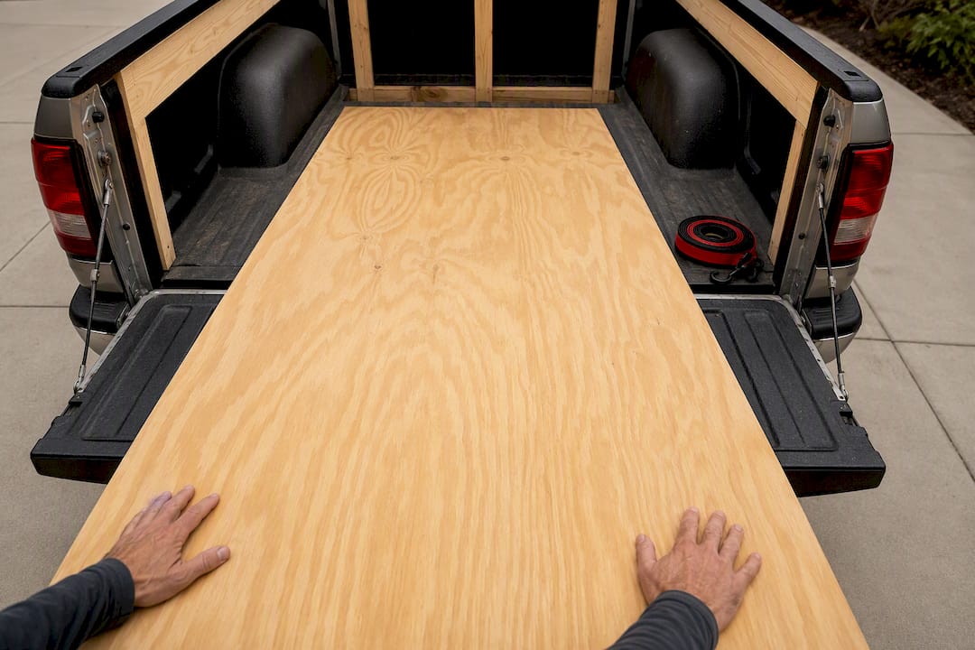 Plywood extending from short truck bed