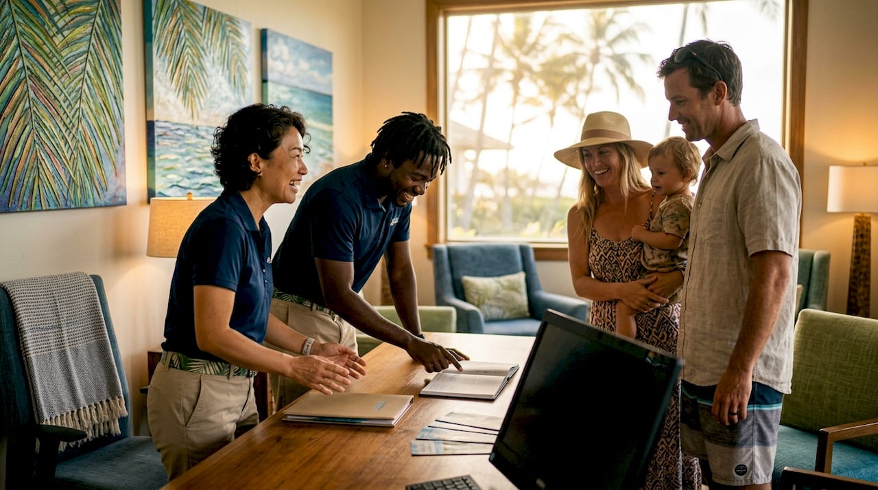 Boutique hotel staff warmly welcoming guests