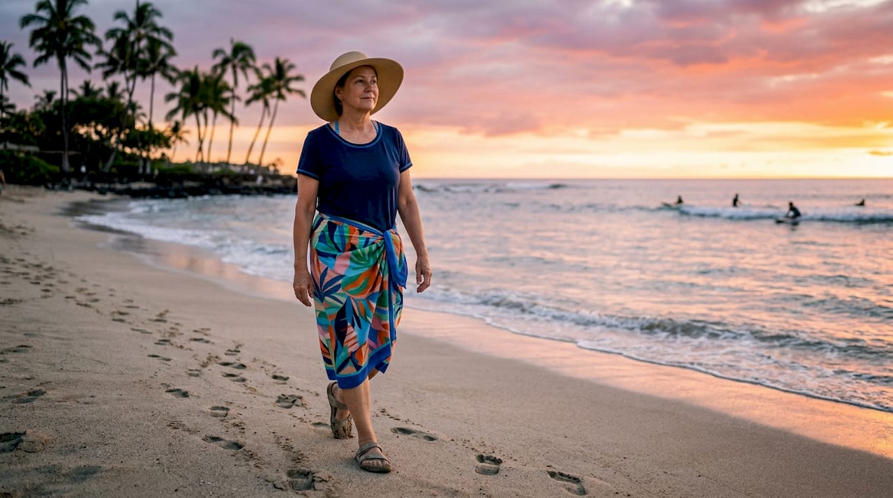 Woman strolling Kailua-Kona waterfront at sunset