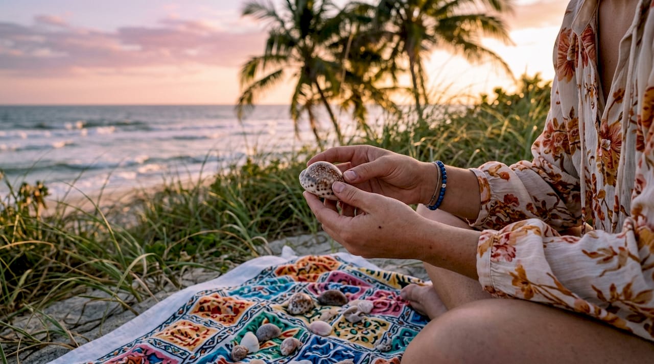Close-up of hands holding shell at sunset seaside