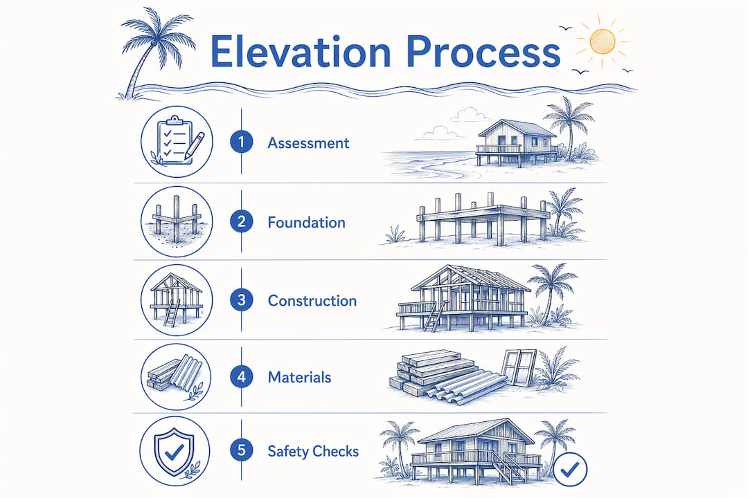 Infographic showing steps of elevated coastal lodging process