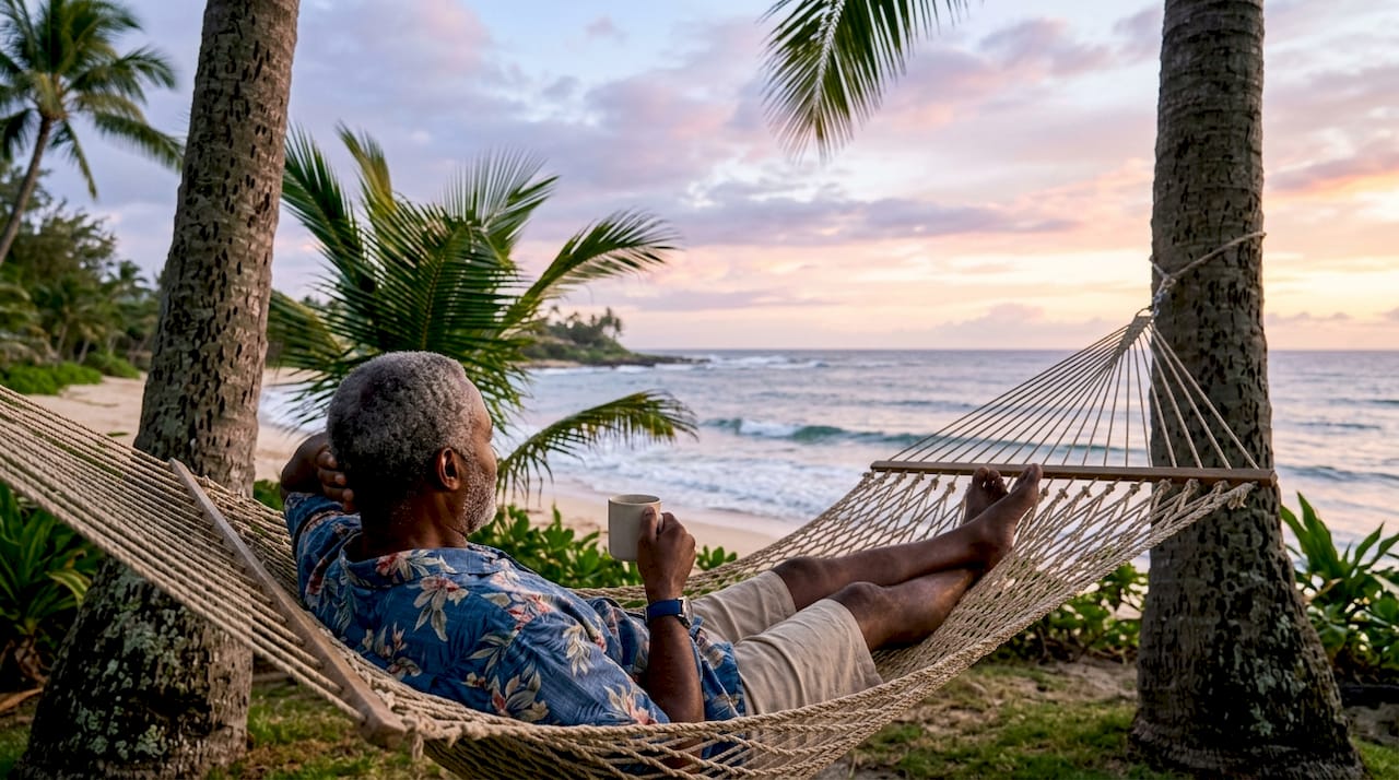 Man relaxing on porch in light jacket at Hawaii coast