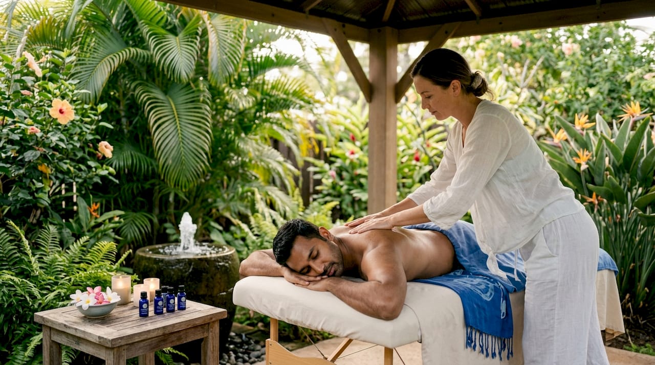 Man receiving aromatherapy massage at wellness retreat