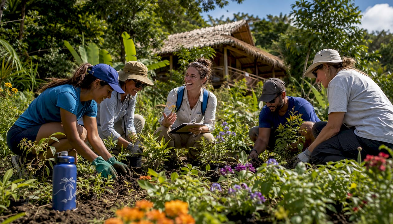 Volunteers planting trees at eco lodge conservation site