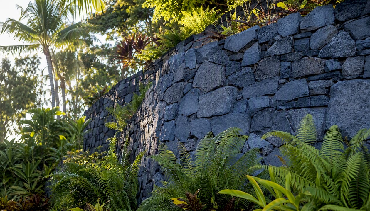 Blue rock basalt retaining wall in Hawaii