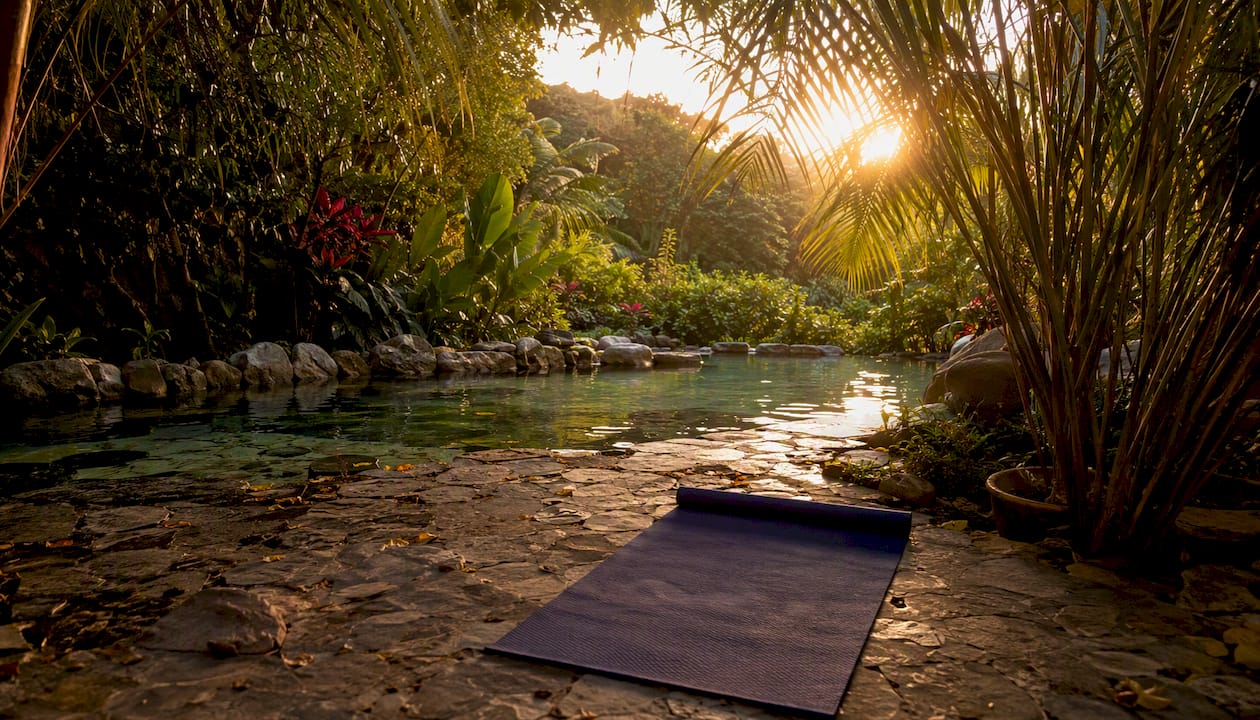 Natural pool and yoga mat at Hawaiian eco-retreat