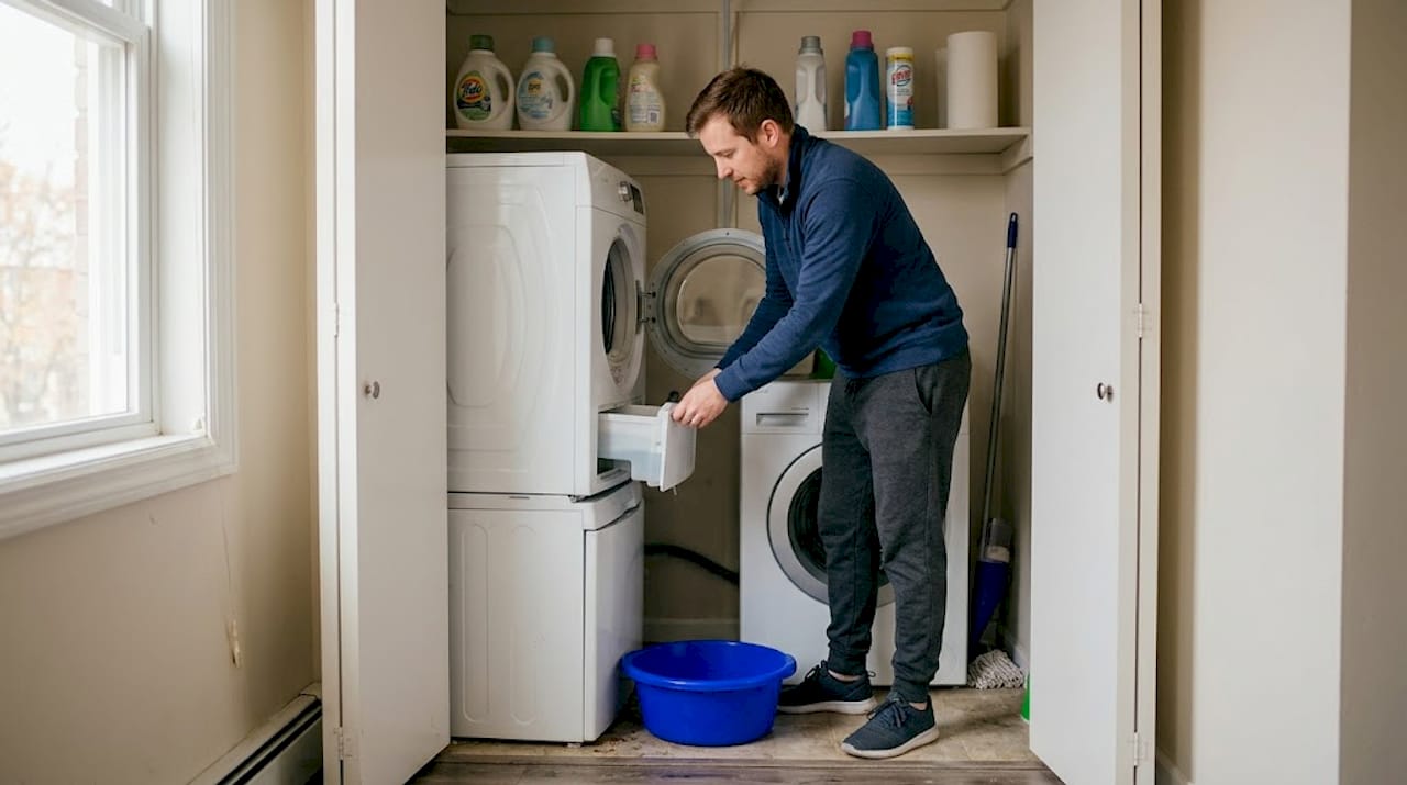 Man emptying ventless dryer water reservoir